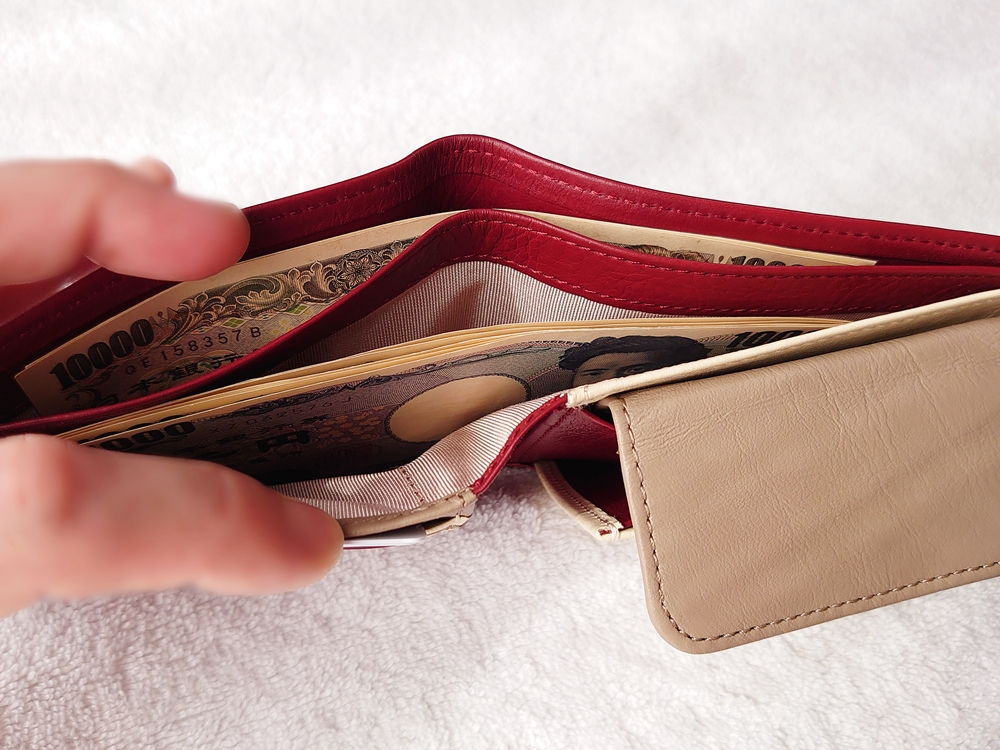 2つ折り財布（小銭入れ付き）ダークレッド レビュー JOGGO（ジョッゴ） 2つ折り財布に実際にお金とカードを入れる 札入れ