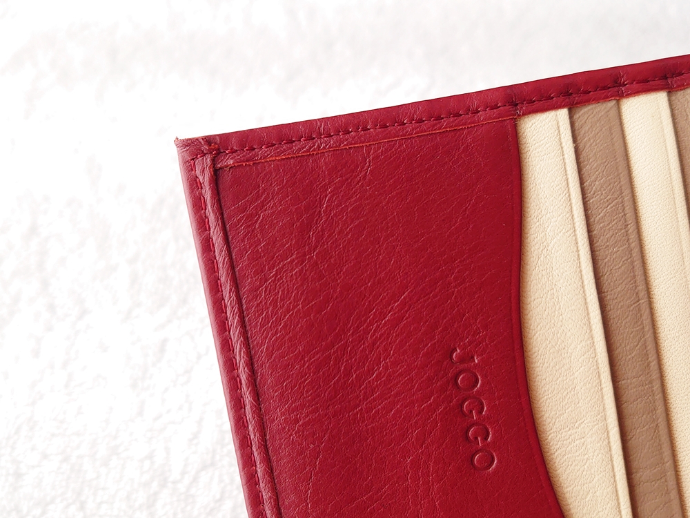 2つ折り財布（小銭入れ付き）ダークレッド レビュー JOGGO（ジョッゴ）ステッチ（縫い目）へり返し 左側