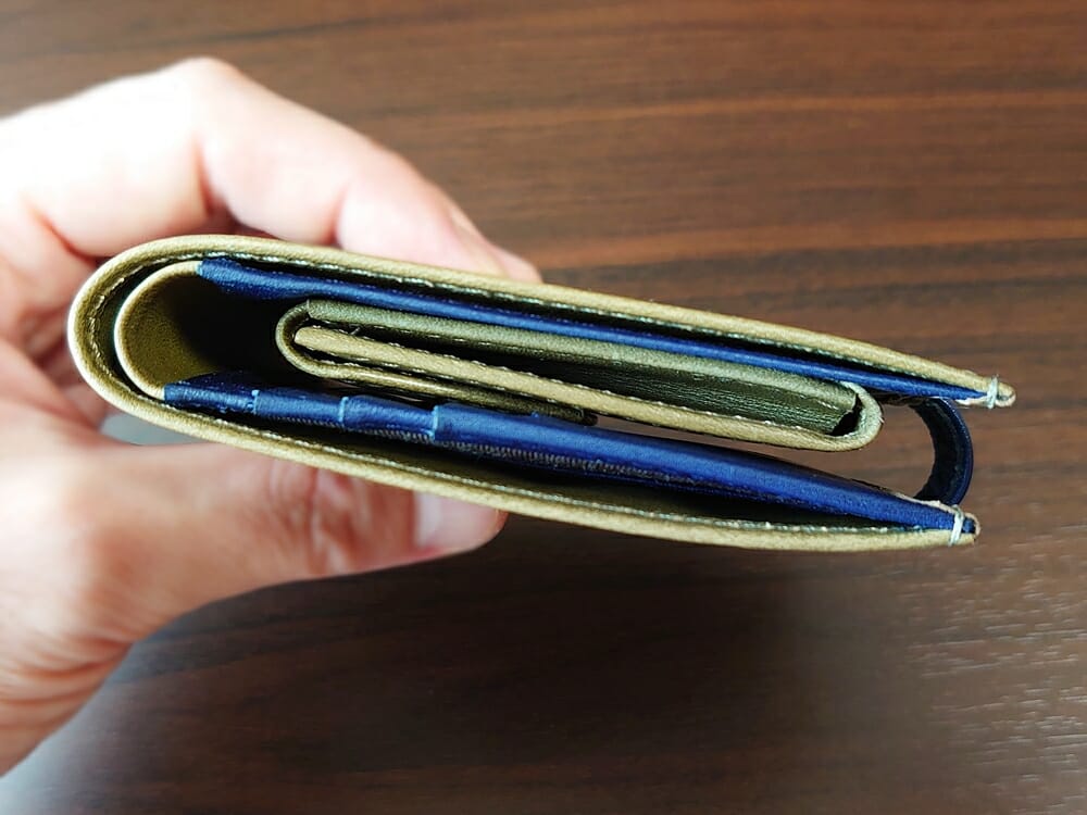 JOGGO（ジョッゴ）ENISHI 2つ折り財布 姫路レザー（グリーン、ブルー）お金とカードを入れた財布の厚み（空の状態と比較）