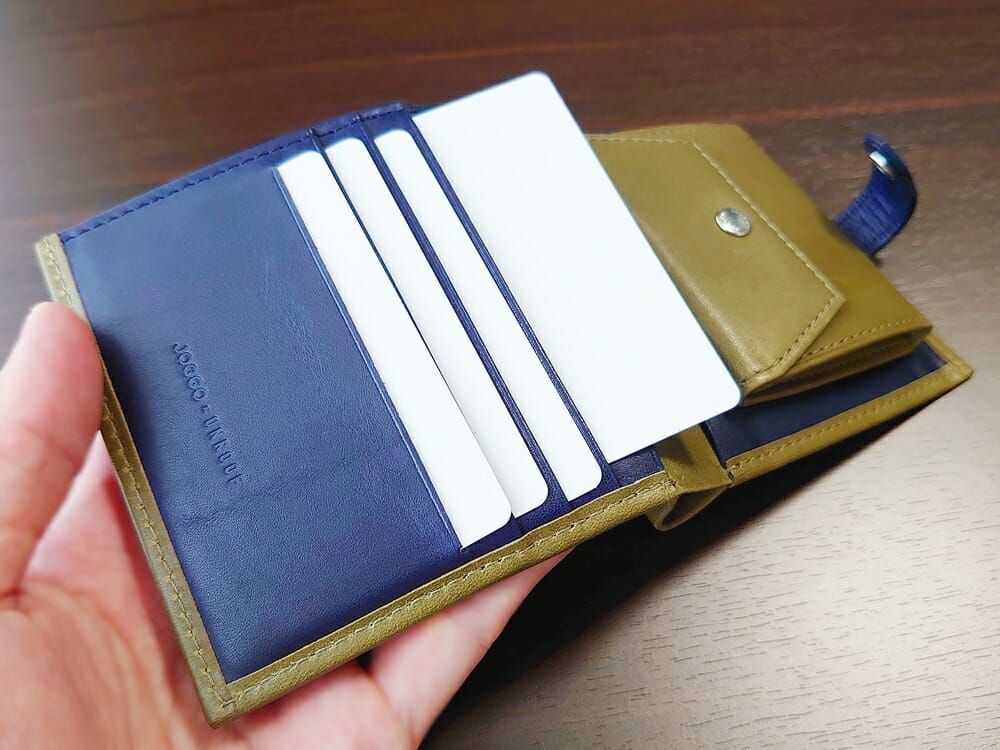 JOGGO（ジョッゴ）ENISHI 2つ折り財布 姫路レザー（グリーン、ブルー）カードポケット 使い勝手1