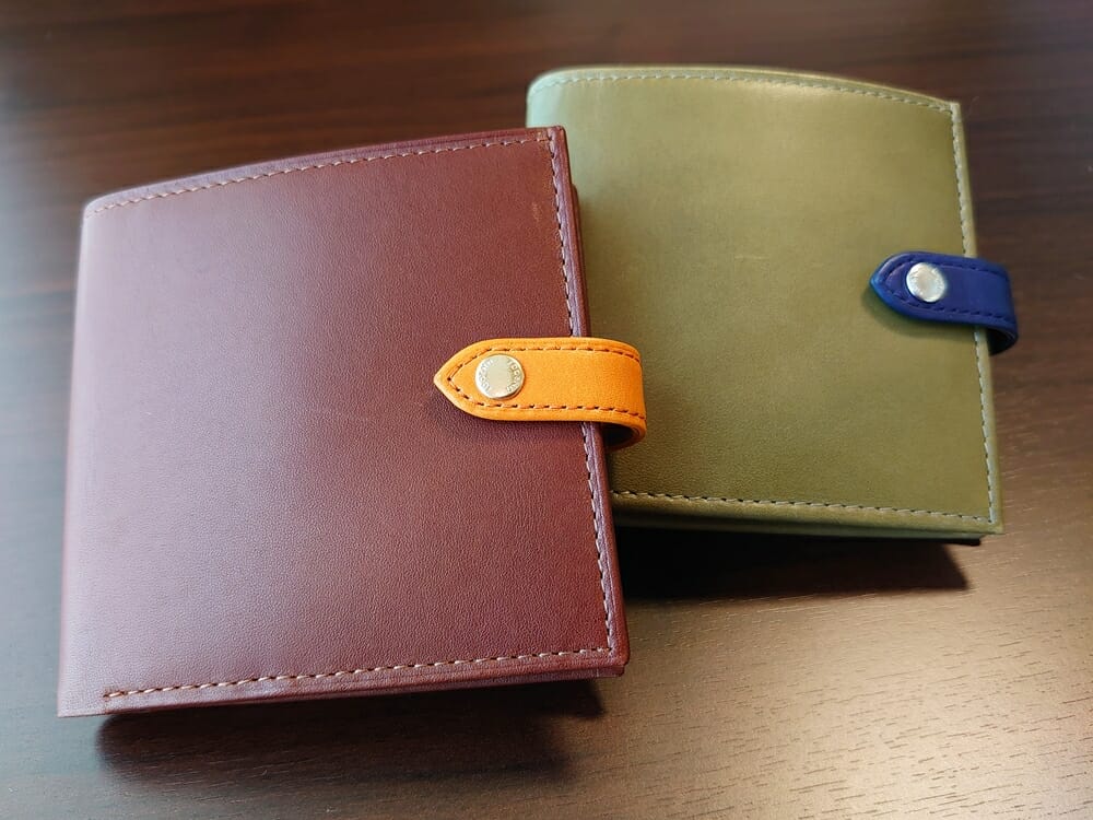 JOGGO（ジョッゴ）ENISHI 2つ折り財布 姫路レザー（グリーン、ブルー）（ブラウン、オレンジ）比較