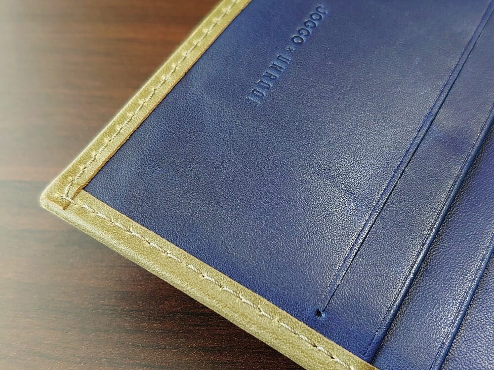JOGGO（ジョッゴ）ENISHI 2つ折り財布 姫路レザー（グリーン、ブルー）内装 エッジ ステッチ 仕立て