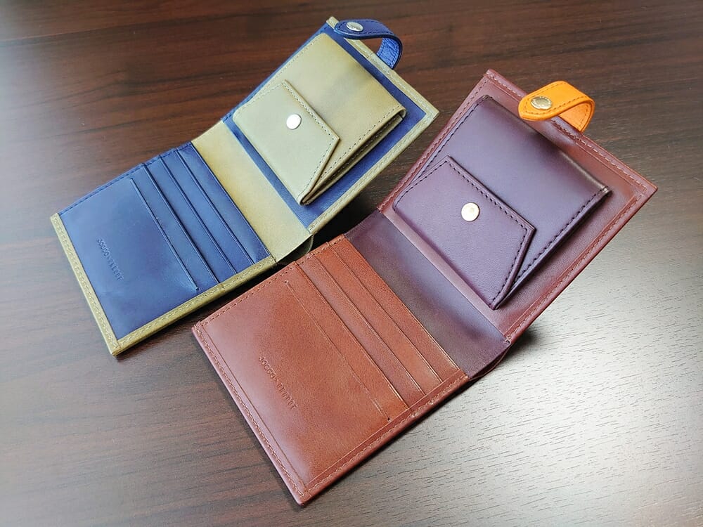 JOGGO（ジョッゴ）ENISHI 2つ折り財布 姫路レザー（グリーン、ブルー）（ブラウン、オレンジ）比較 財布見開き