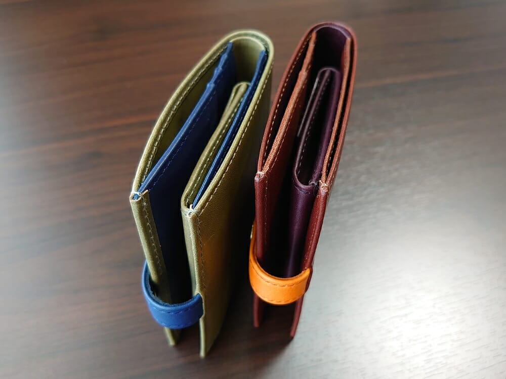 JOGGO（ジョッゴ）ENISHI 2つ折り財布 姫路レザー（グリーン、ブルー）（ブラウン、オレンジ）比較 財布 上部