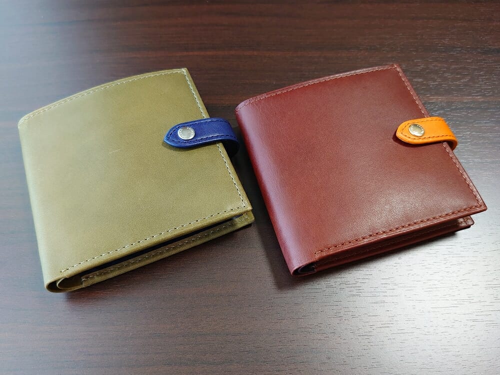 JOGGO（ジョッゴ）ENISHI 2つ折り財布 姫路レザー（グリーン、ブルー）（ブラウン、オレンジ）比較 財布正面