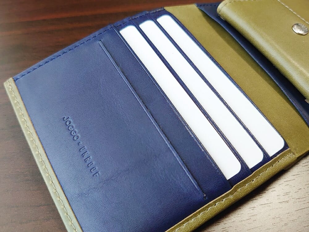 JOGGO（ジョッゴ）ENISHI 2つ折り財布 姫路レザー（グリーン、ブルー）スリットタイプ カード入れ カードを入れない おすすめの使い方