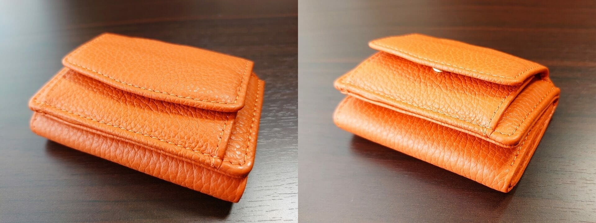 三つ折り財布 ST-909 イタリア製シュリンクレザー スキミング防止機能付 ミニ財布（オレンジ）MURA（ムラ）財布の厚み 空の状態と比較