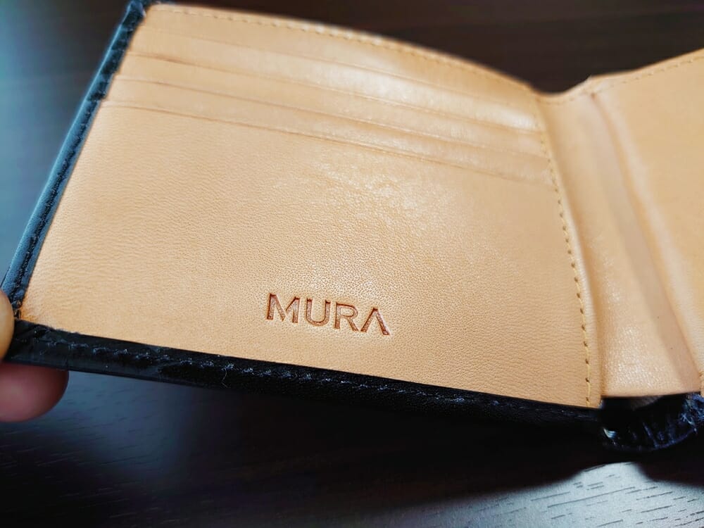 二つ折り財布 st-819 イタリアンレザー（フルグレイン）スキミング防止機能付 MURA（ムラ）ロゴ刻印 型押し