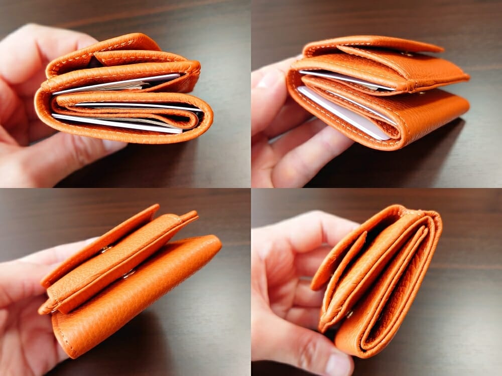 三つ折り財布 ST-909 イタリア製シュリンクレザー スキミング防止機能付 ミニ財布（オレンジ）MURA（ムラ）財布の中身がある状態の厚み 財布全体
