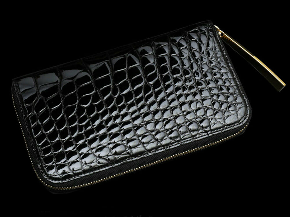 ラウンドファスナー長財布 Crocodile Long Wallet W（クロコダイル ロングウォレット）内装ダブルゴールドパイソン ブラック 池田工芸