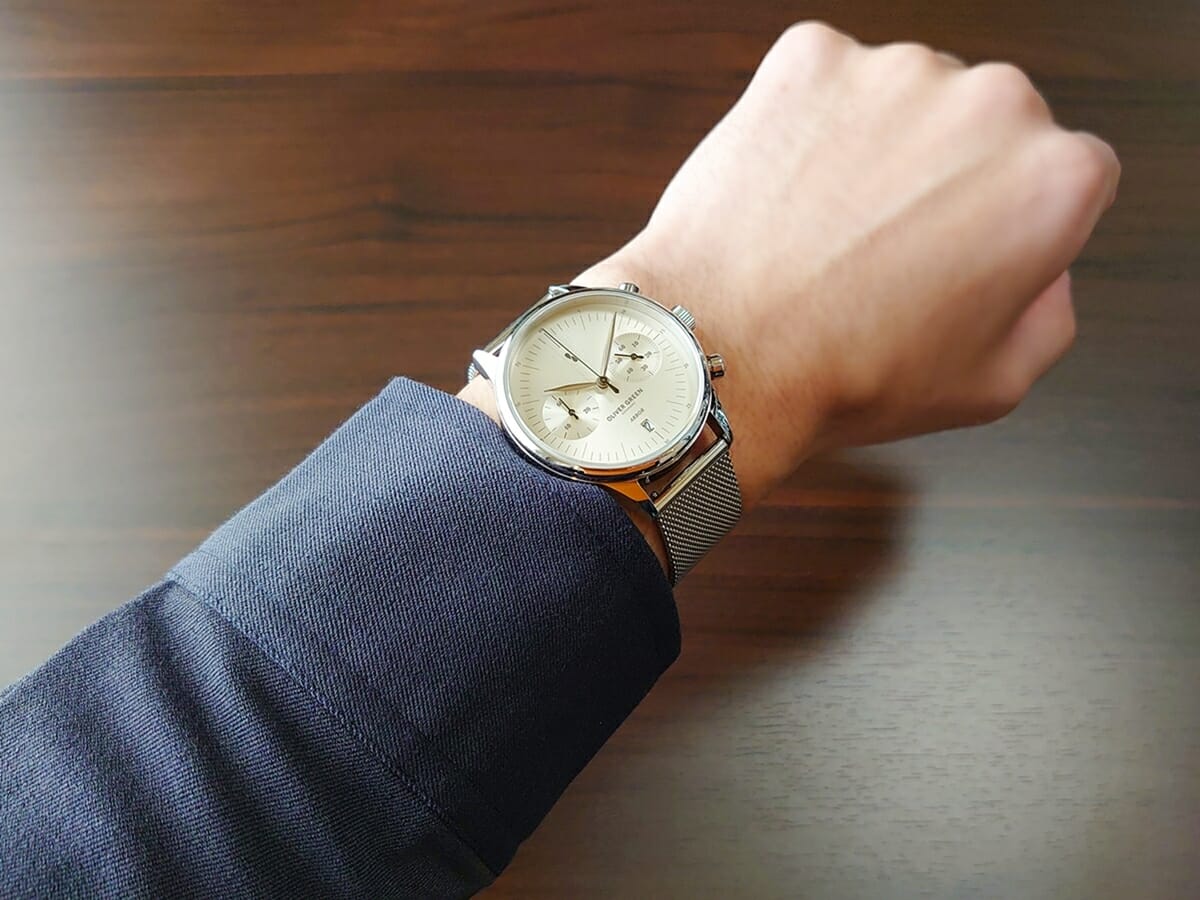 Oliver Green オリバーグリーン 腕時計レビュー ARBOR（アーバー）41mm クロノグラフ ステンレスメッシュ 着用 男性