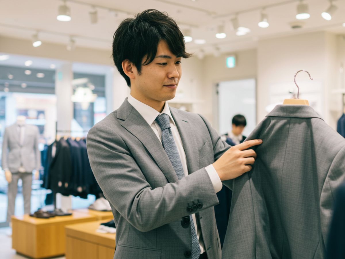 ミディアムグレースーツを選んでいる男性