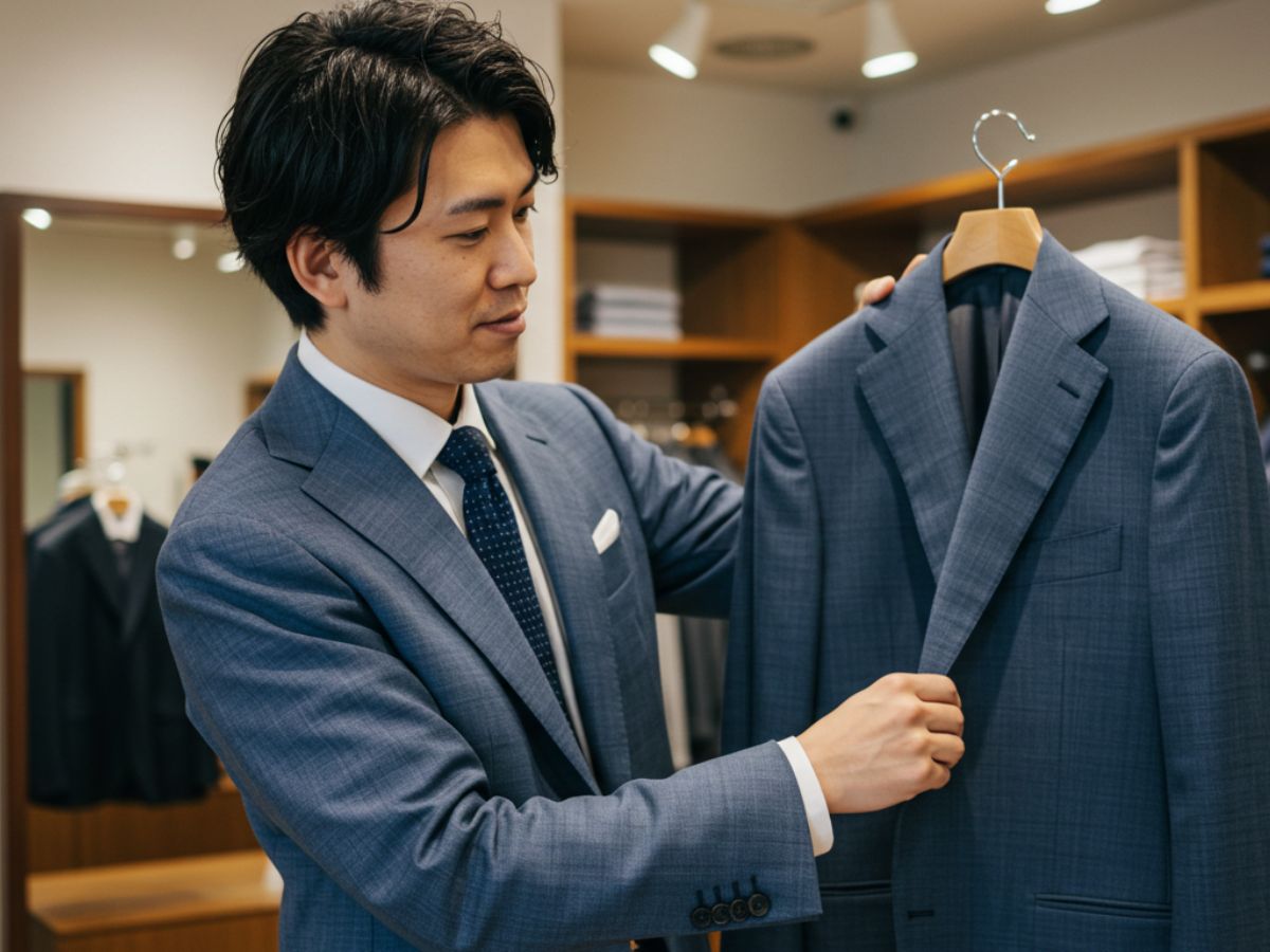 ブルーグレースーツを選んでいる男性
