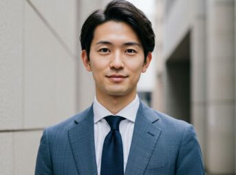ブルーグレーのスーツを着用した男性