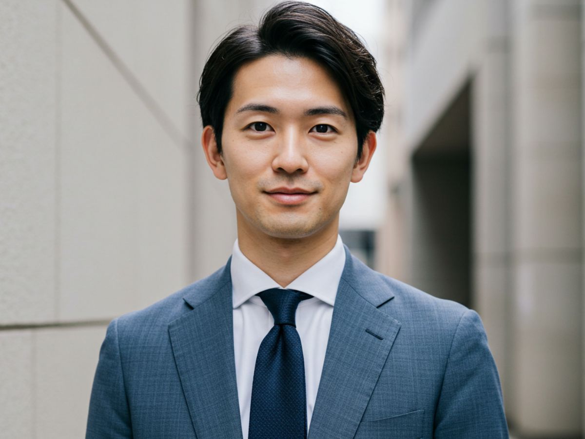 ブルーグレーのスーツを着用した男性