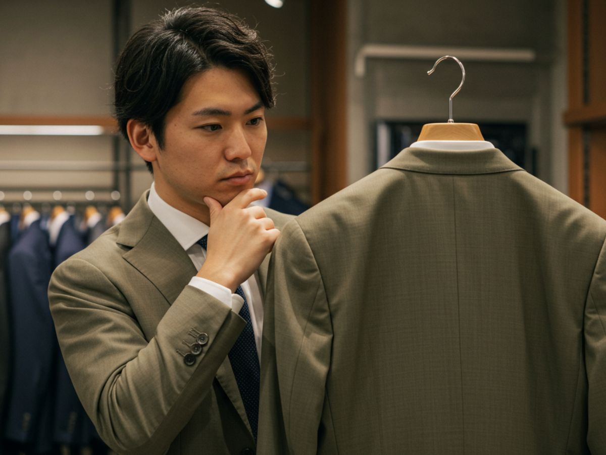 カーキのスーツを選んでいる男性