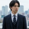 ストライプ柄のネイビースーツを着用した男性