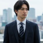 ストライプ柄のネイビースーツを着用した男性