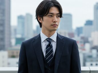 ストライプ柄のネイビースーツを着用した男性