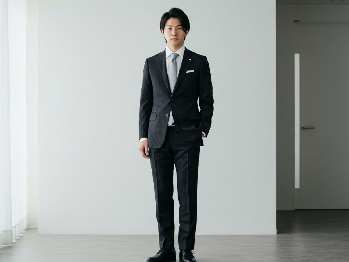 ストライプ 黒スーツ 結婚式での着こなし・コーデ