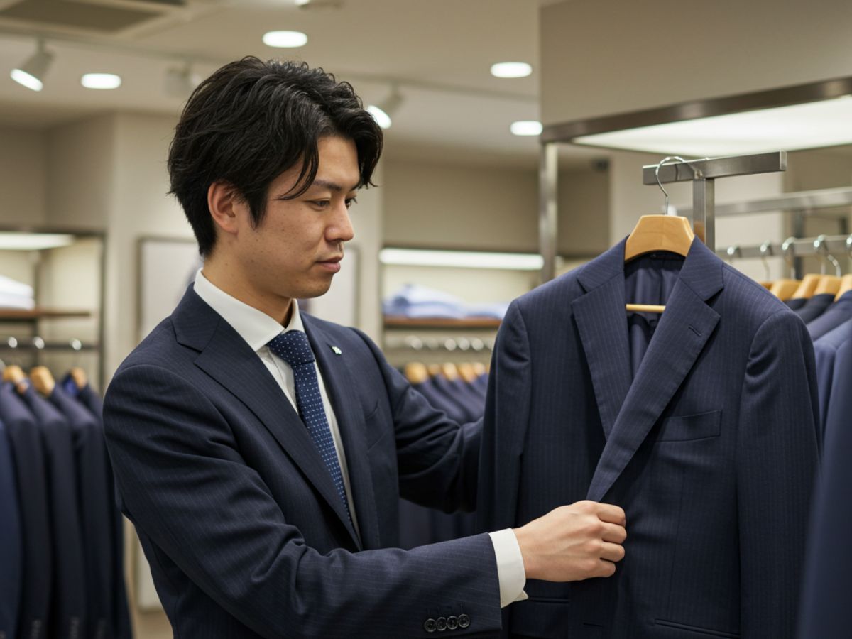 シャドーストライプ柄のスーツを選んでいる男性