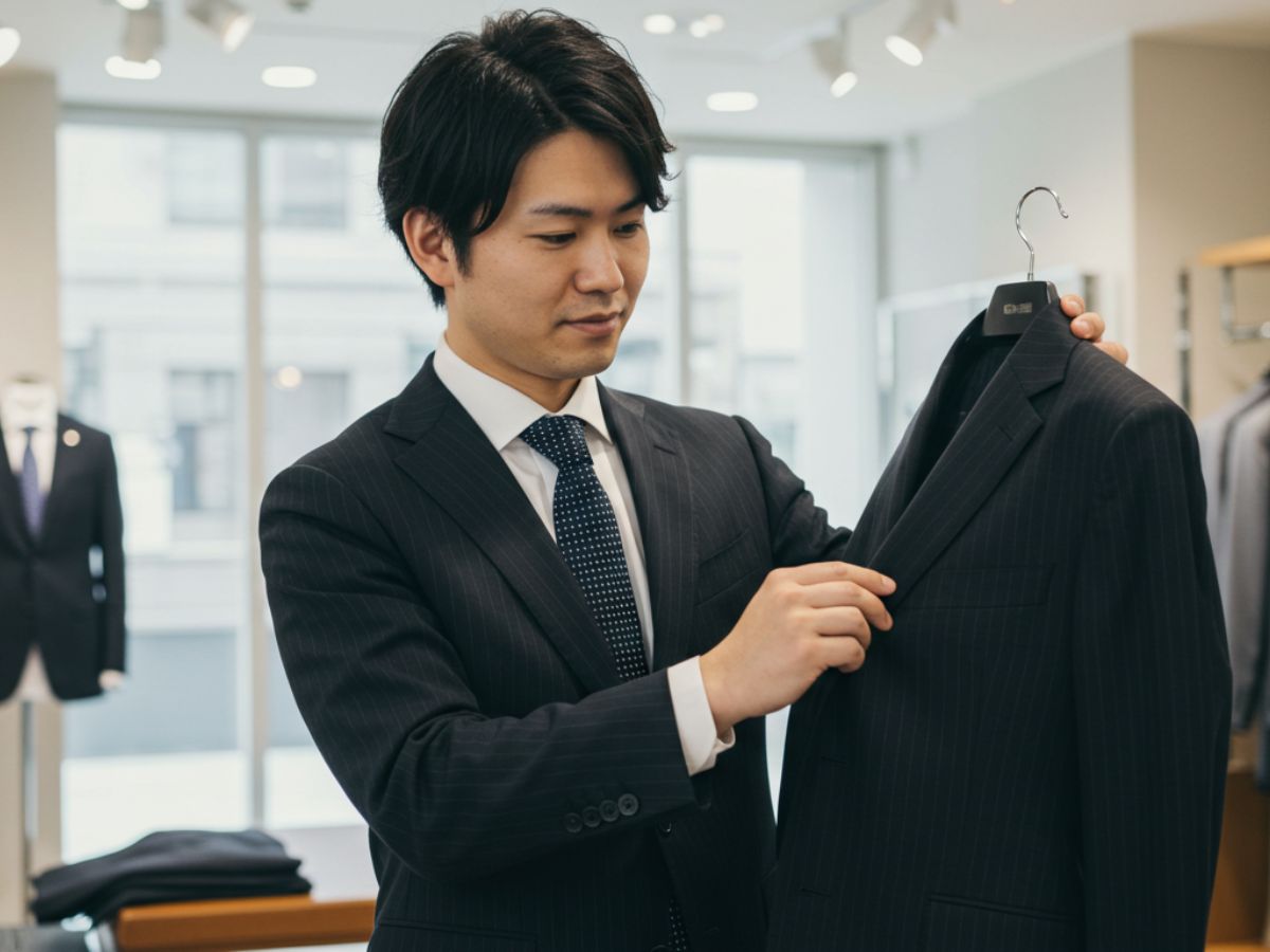 ストライプ柄の黒スーツを選んでいる男性