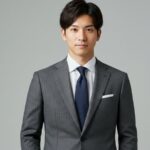 ストライプ柄のグレースーツを着用した男性