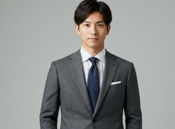 ストライプ柄のグレースーツを着用した男性