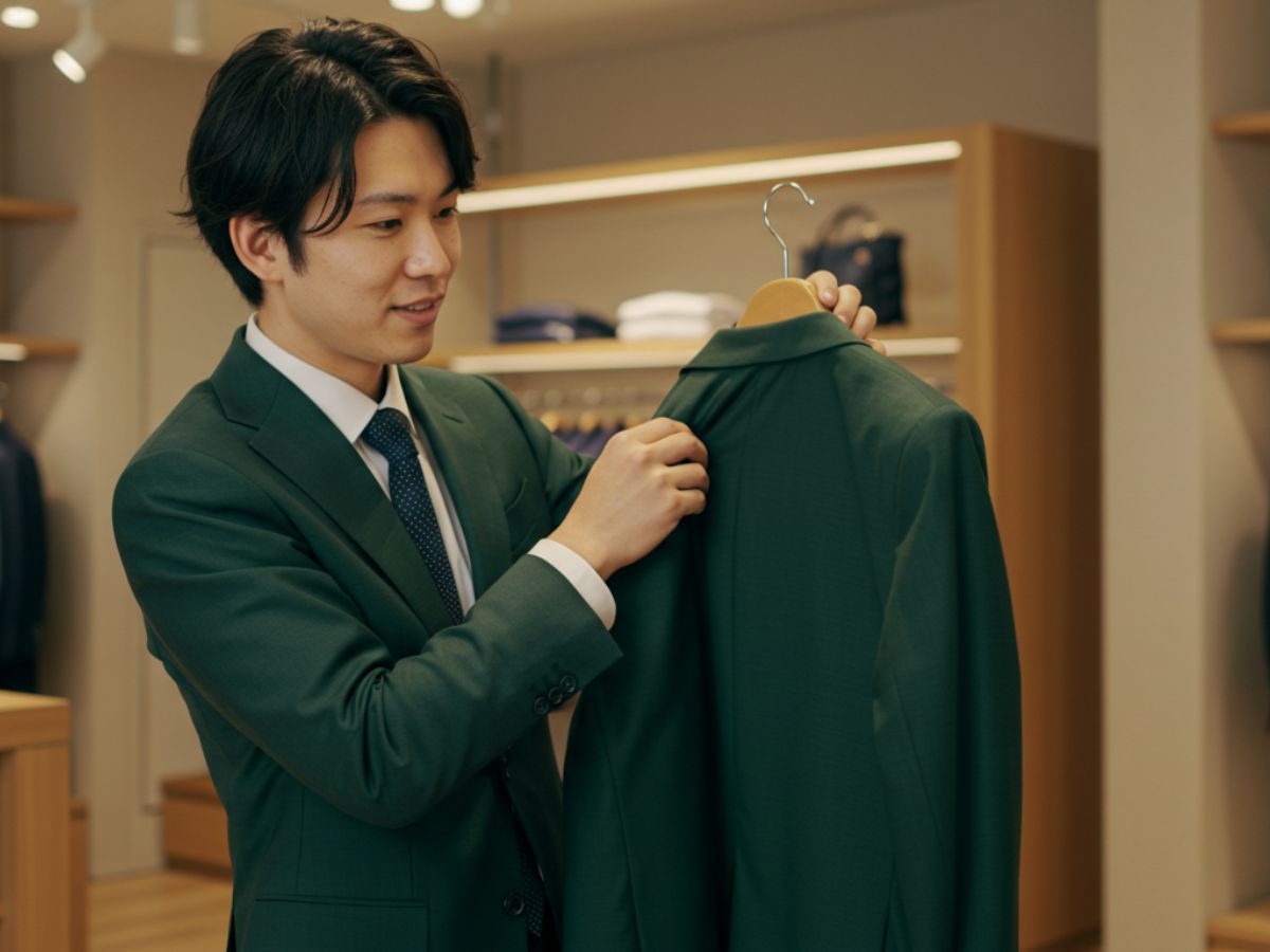 緑・グリーンのスーツを選んでいる男性