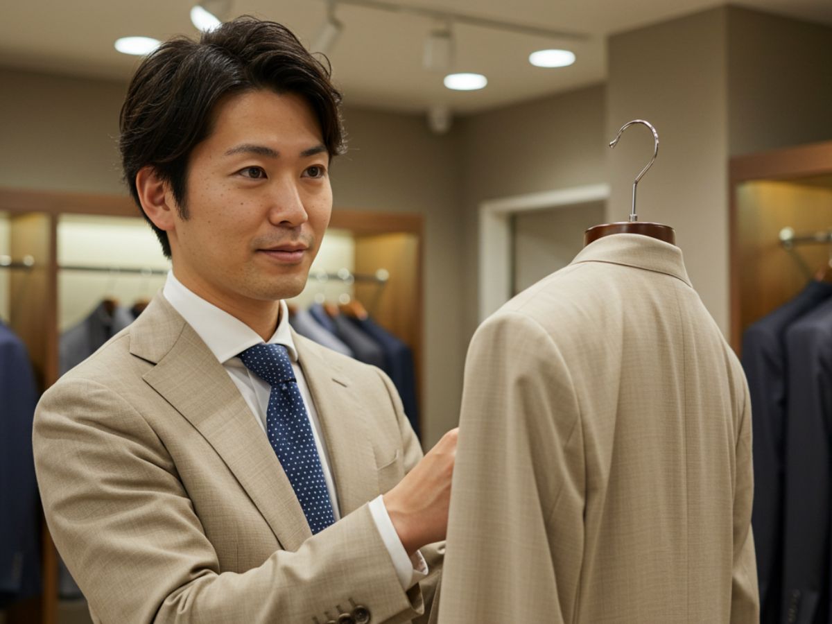 ベージュのスーツを選んでいる男性