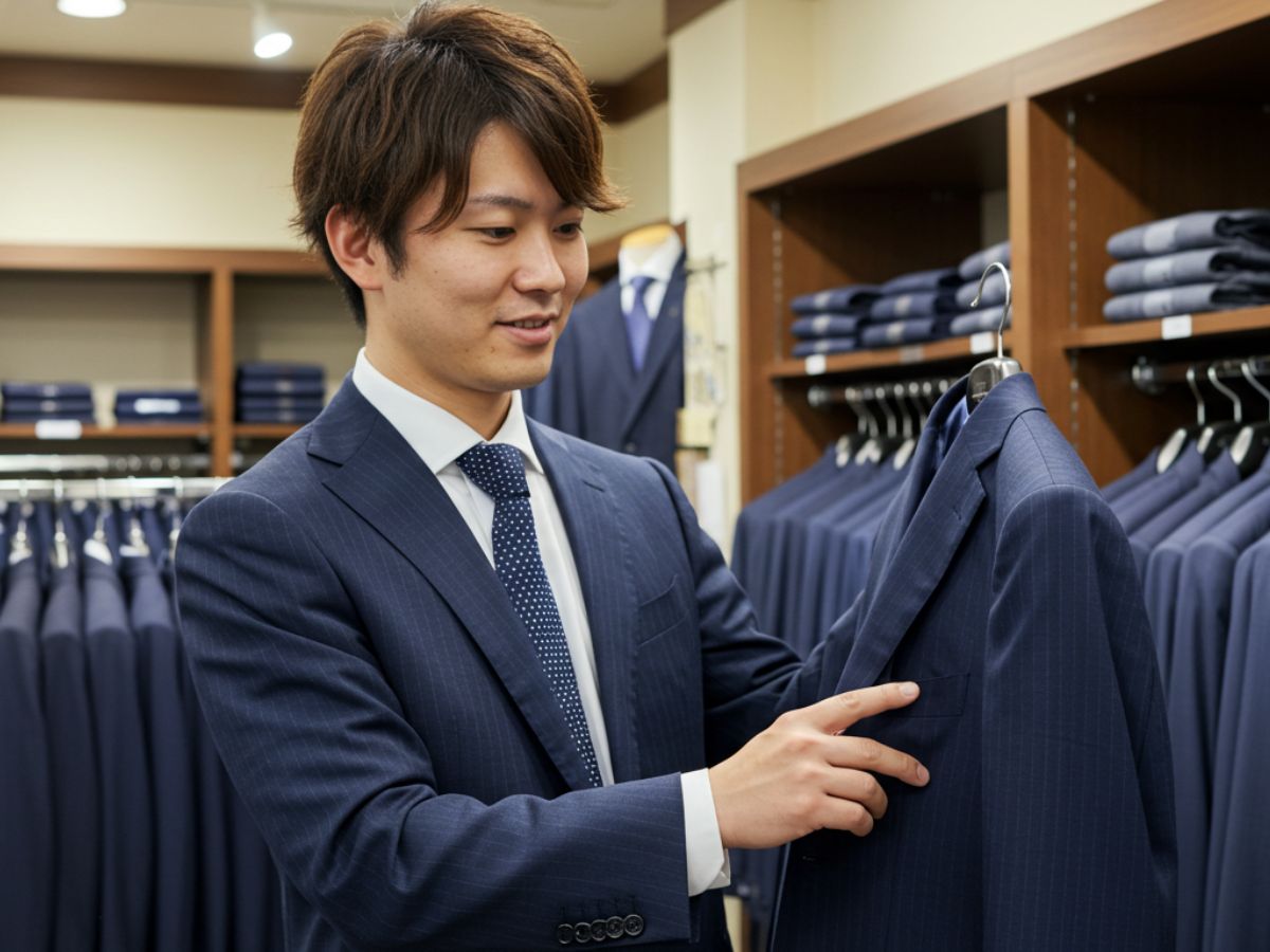 ピンストライプ柄のスーツを選んでいる男性