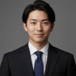 ストライプ柄の黒スーツを着用した男性