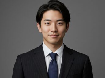 ストライプ柄の黒スーツを着用した男性