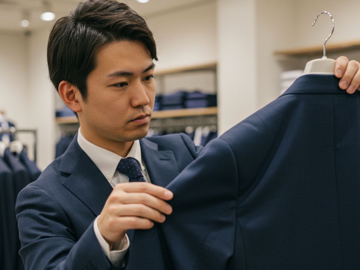 ネイビーのスーツを選んでいる男性