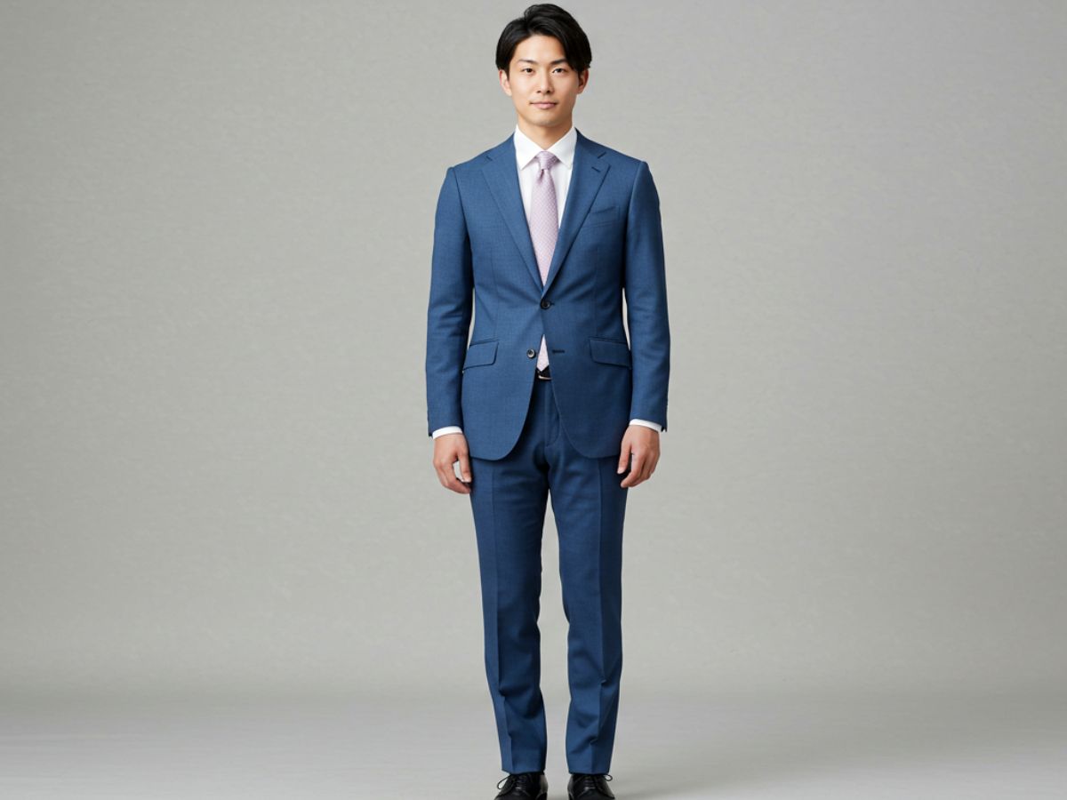 ライトネイビースーツ 白シャツ 淡いピンクのネクタイ 男性