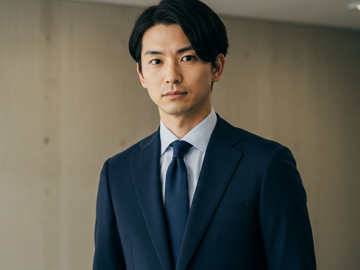 ネイビーのスーツを着用した男性