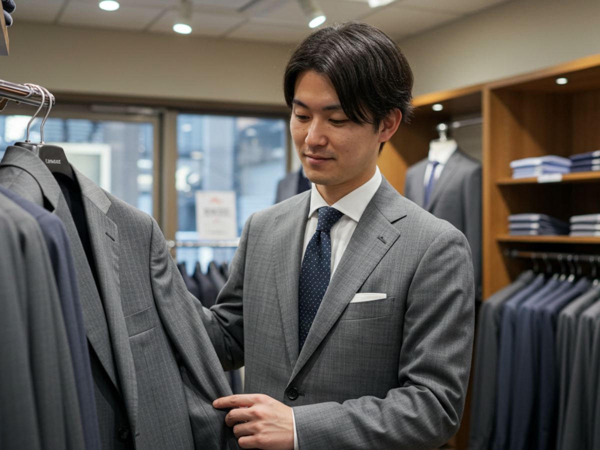 ストライプ柄のグレースーツを選んでいる男性