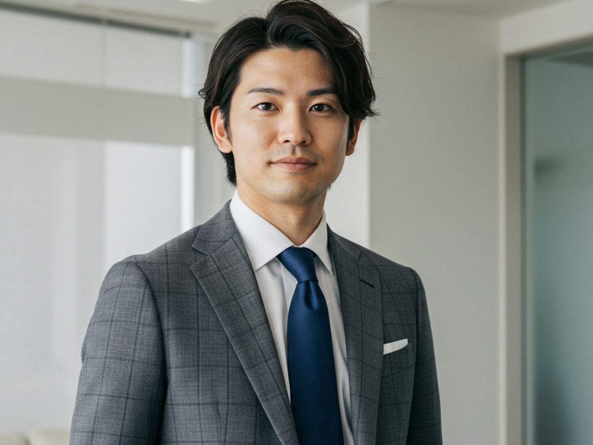 グレーチェック ビジネススーツ 白シャツ ネイビーネクタイ 男性