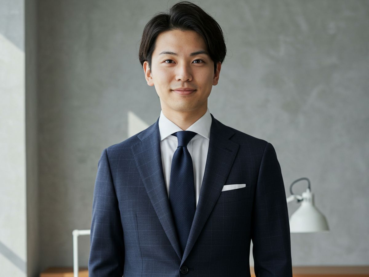 ネイビーのチェックスーツに白シャツとネイビーのネクタイを着用した男性