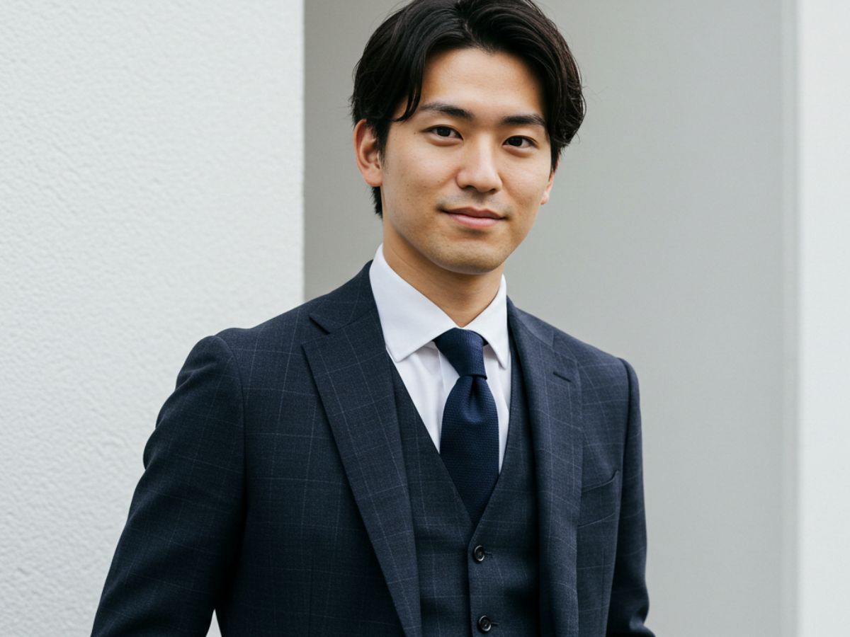ネイビー チェックスーツ ビジネススーツ ベスト 白シャツ ネイビーネクタイ 男性