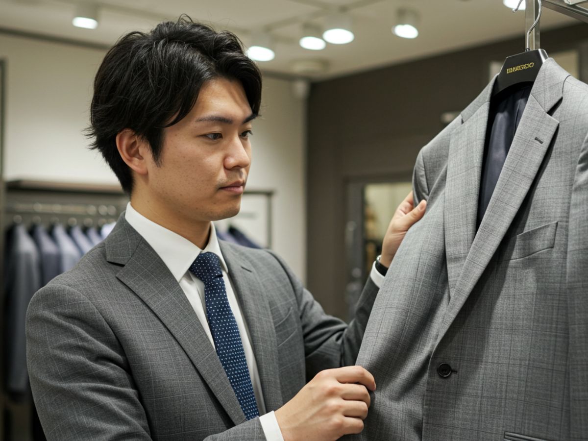 グレーチェックのビジネススーツを選んでいる男性