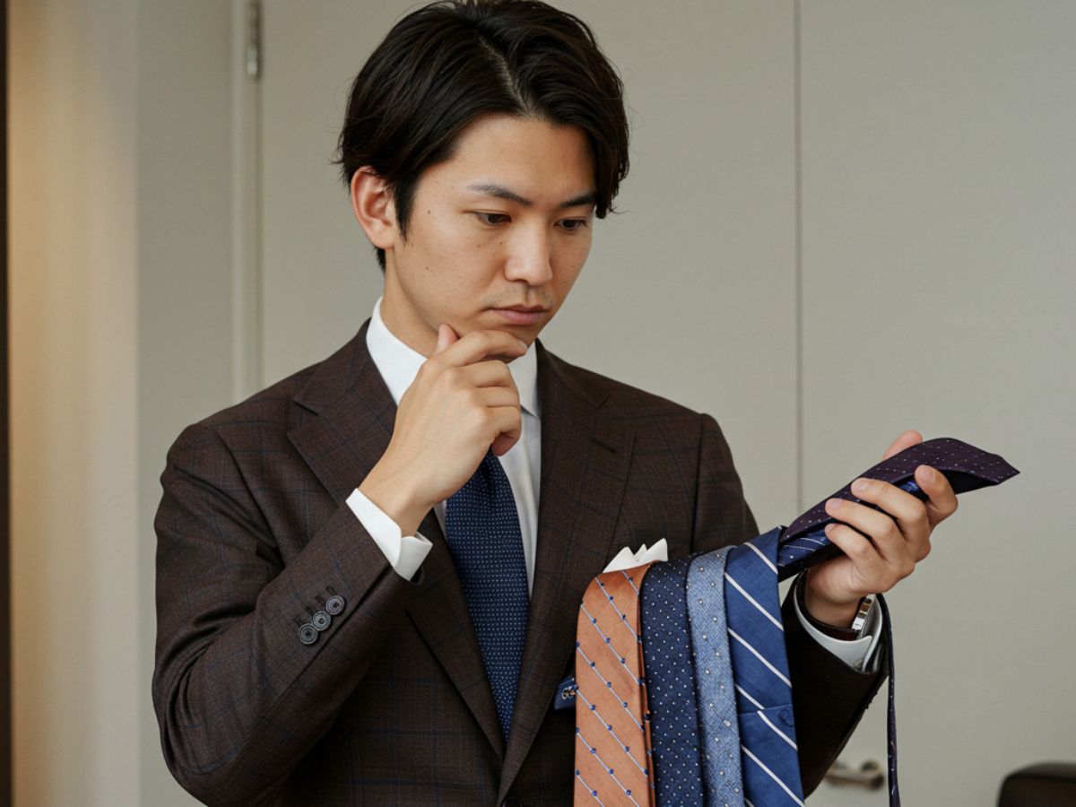 ブラウン チェックスーツ ビジネススーツ ネクタイを選んでいる男性