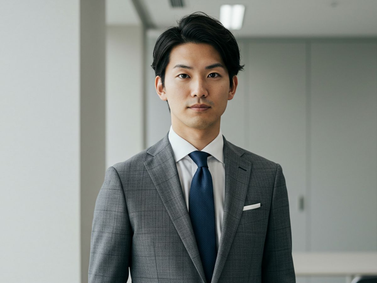 グレンチェックのビジネススーツを着用した男性