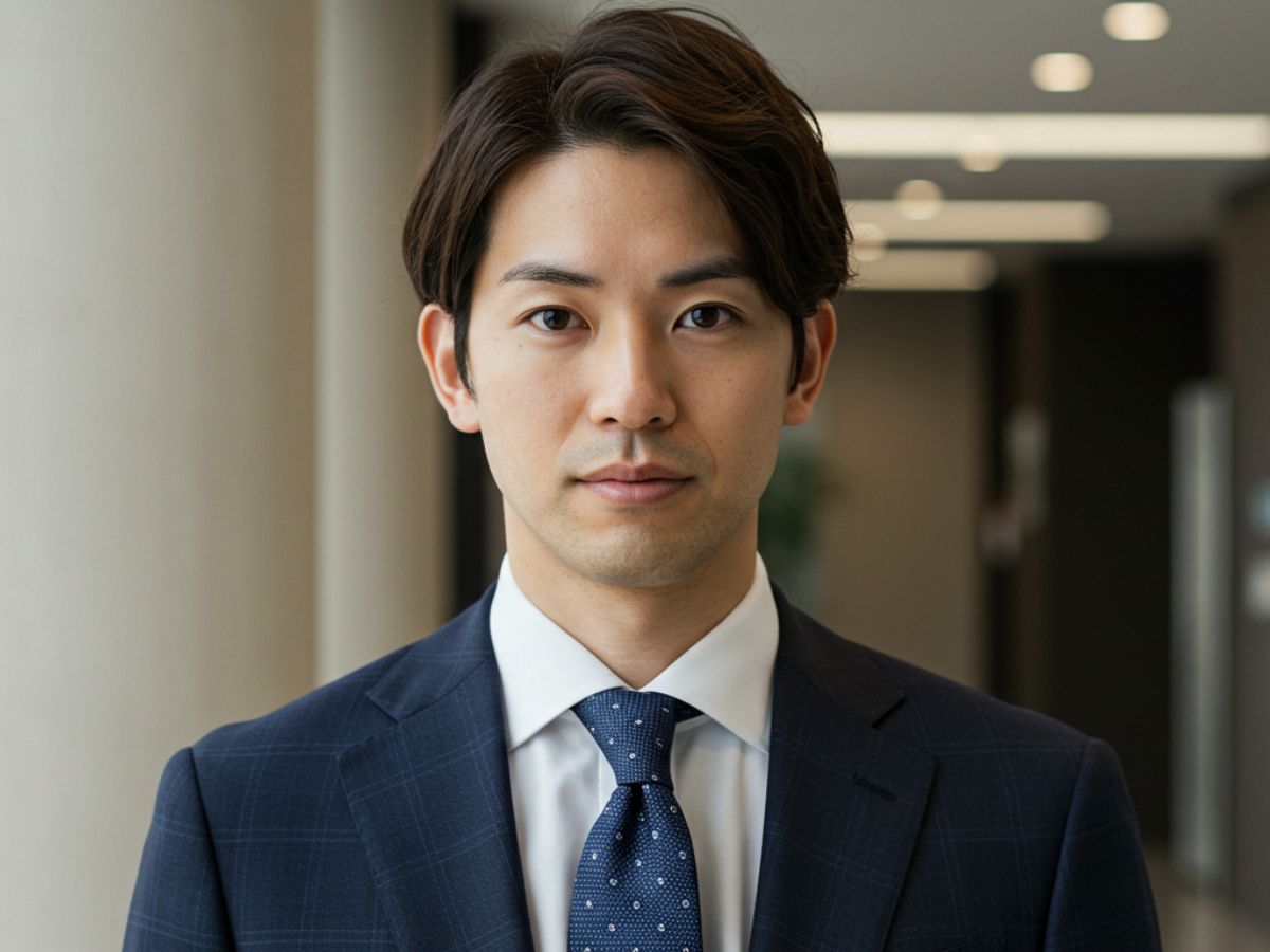 ネイビーのチェックスーツを着用した男性
