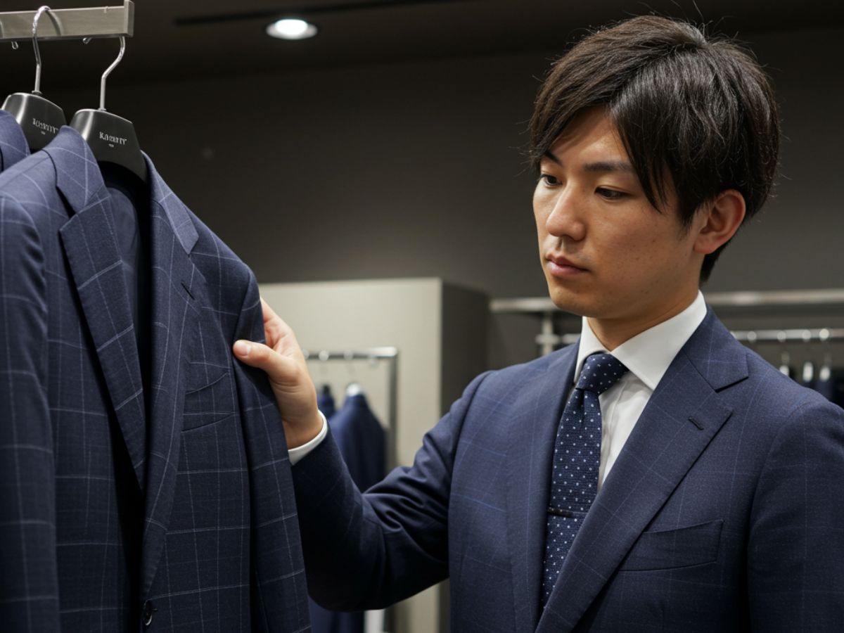 ネイビー チェックスーツ ビジネススーツ 選んでいる男性