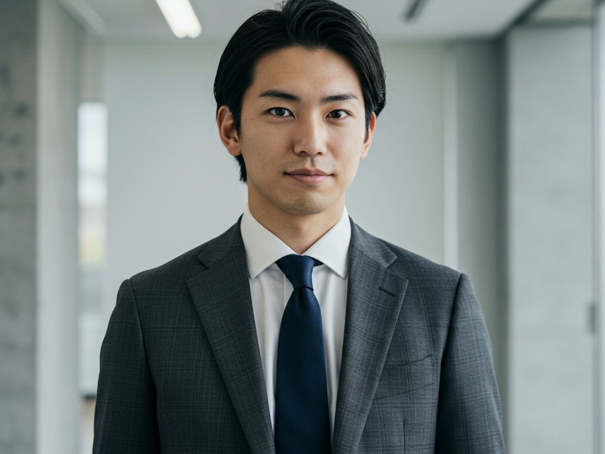グレーのグレンチェックスーツ ビジネスシーン 男性