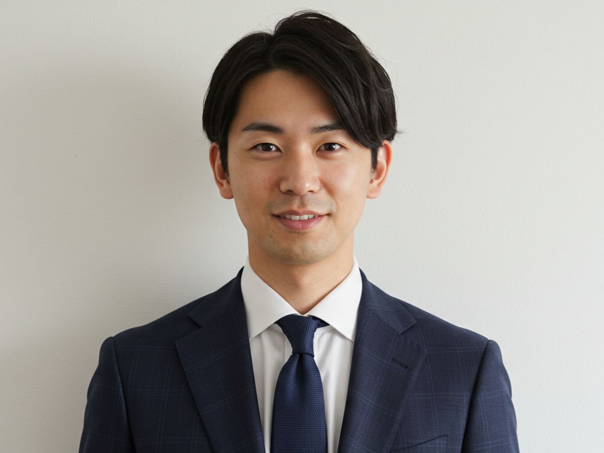 ネイビーのグレンチェックのビジネススーツを着用した男性