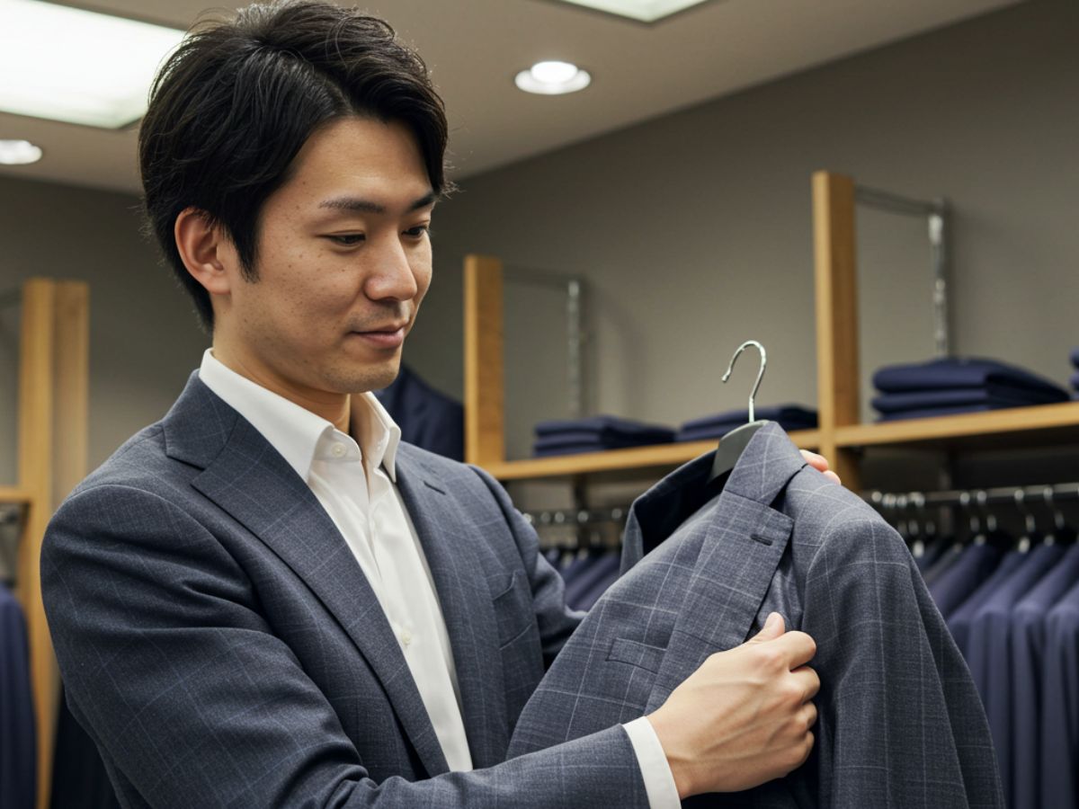 チェック柄のビジネススーツを選んでいる男性
