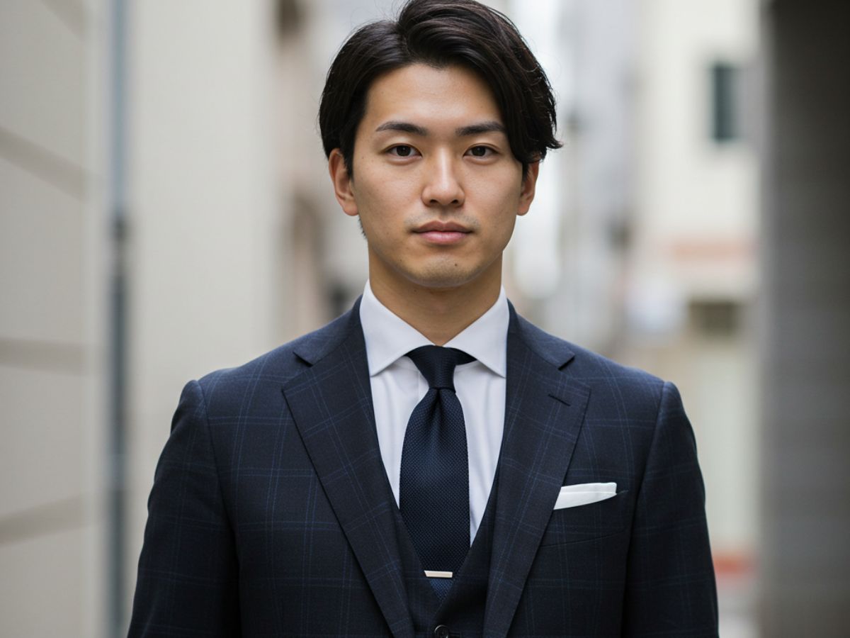 ネイビーのグレンチェックスーツ 結婚式・フォーマルシーン 男性