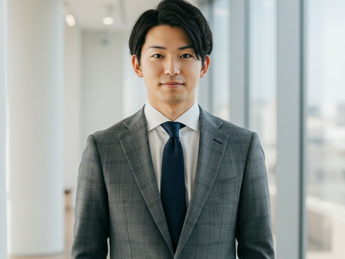 グレーのグレンチェックのビジネススーツを着用した男性